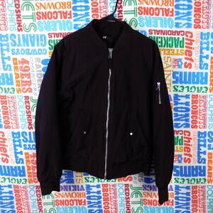 H&M Bomber Jacket Size M Full Zip Black Silver Clean Lined Padded